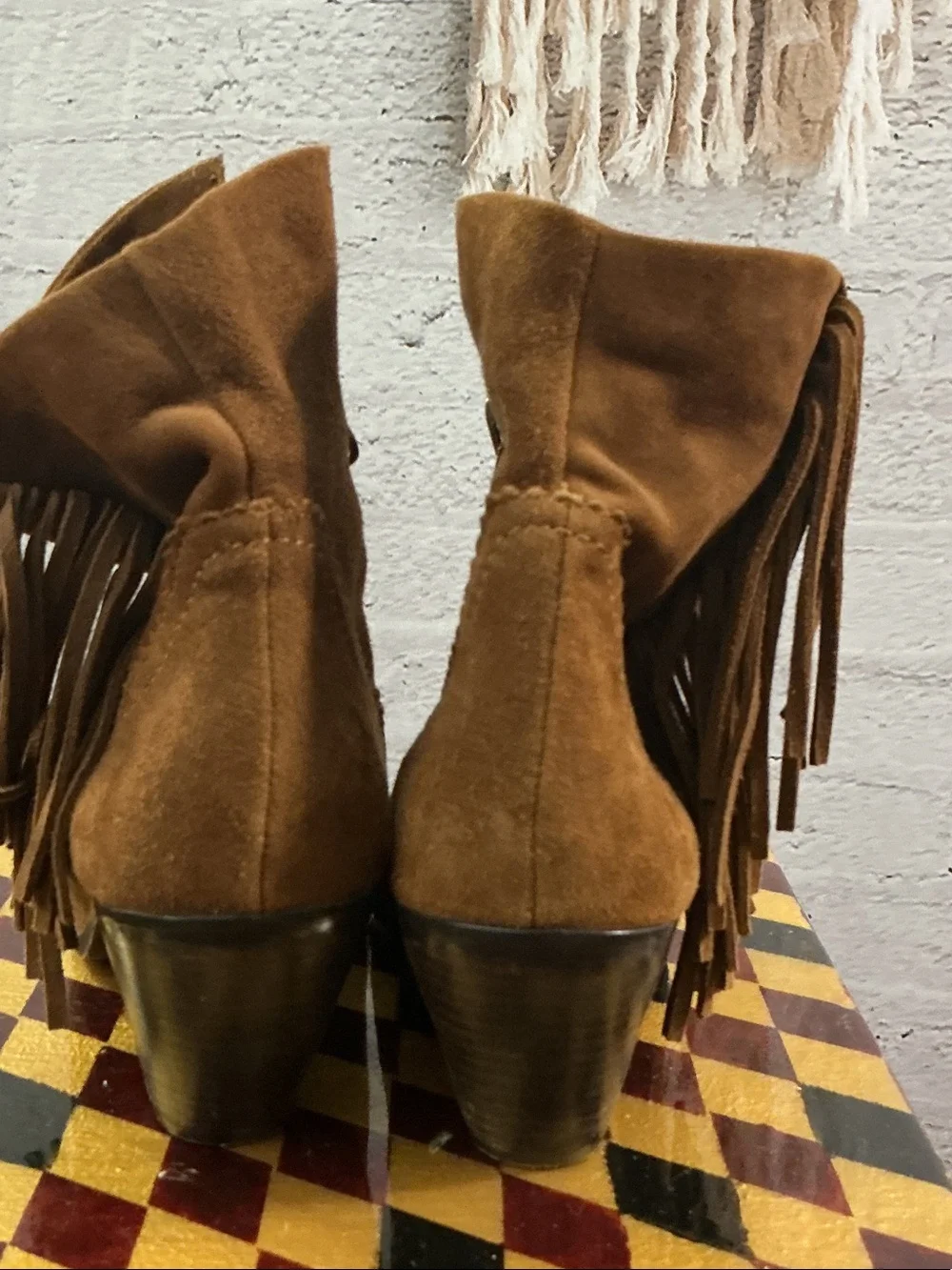 Sam Edelman Suede Fringe Ankle Boots in Cognac Brown